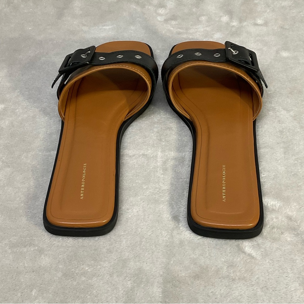 Anthropologie Leather Buckle Slip-On Slide Sandals Womens 9 / 39 Black Brown - Picture 5 of 7